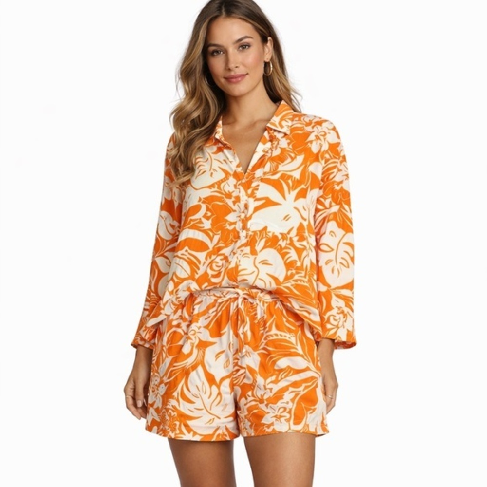 Free Destinations XL 2 piece Set EUC Matching Shorts Button down Flowy beachy - Picture 2 of 7
